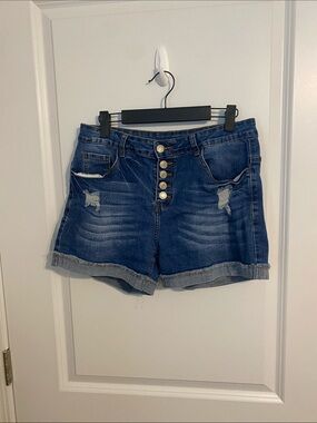 High-Rise Button-Front Distressed Jean Shorts - Blue